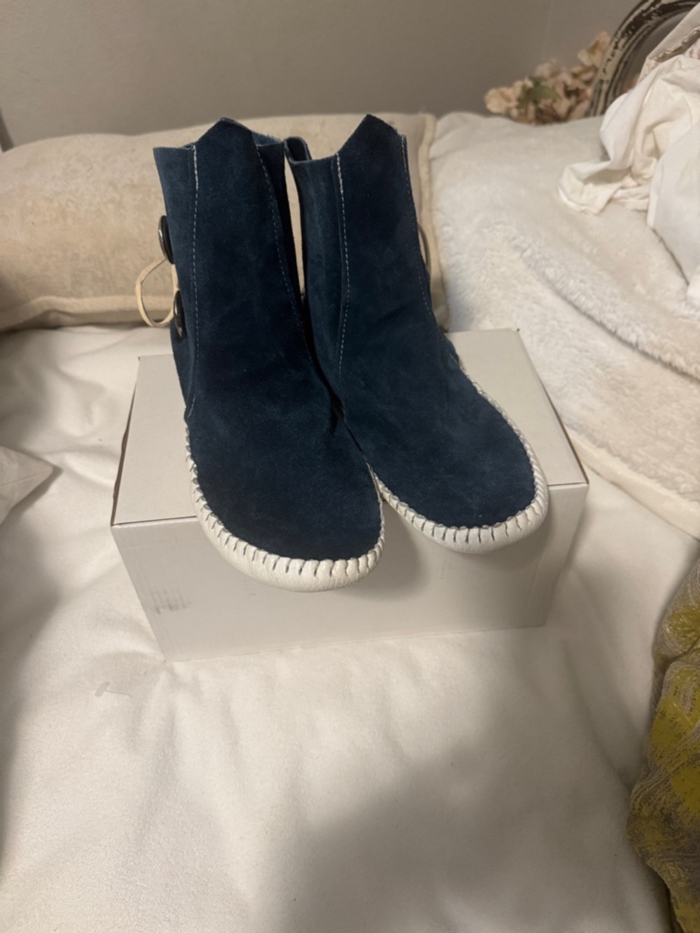 Blue Leather Moccasin with Patterned Insoles.